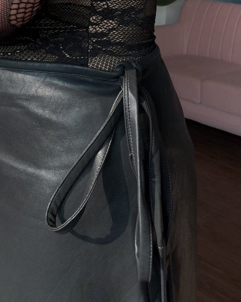 Waist Tie Up Leather Midi Skirt