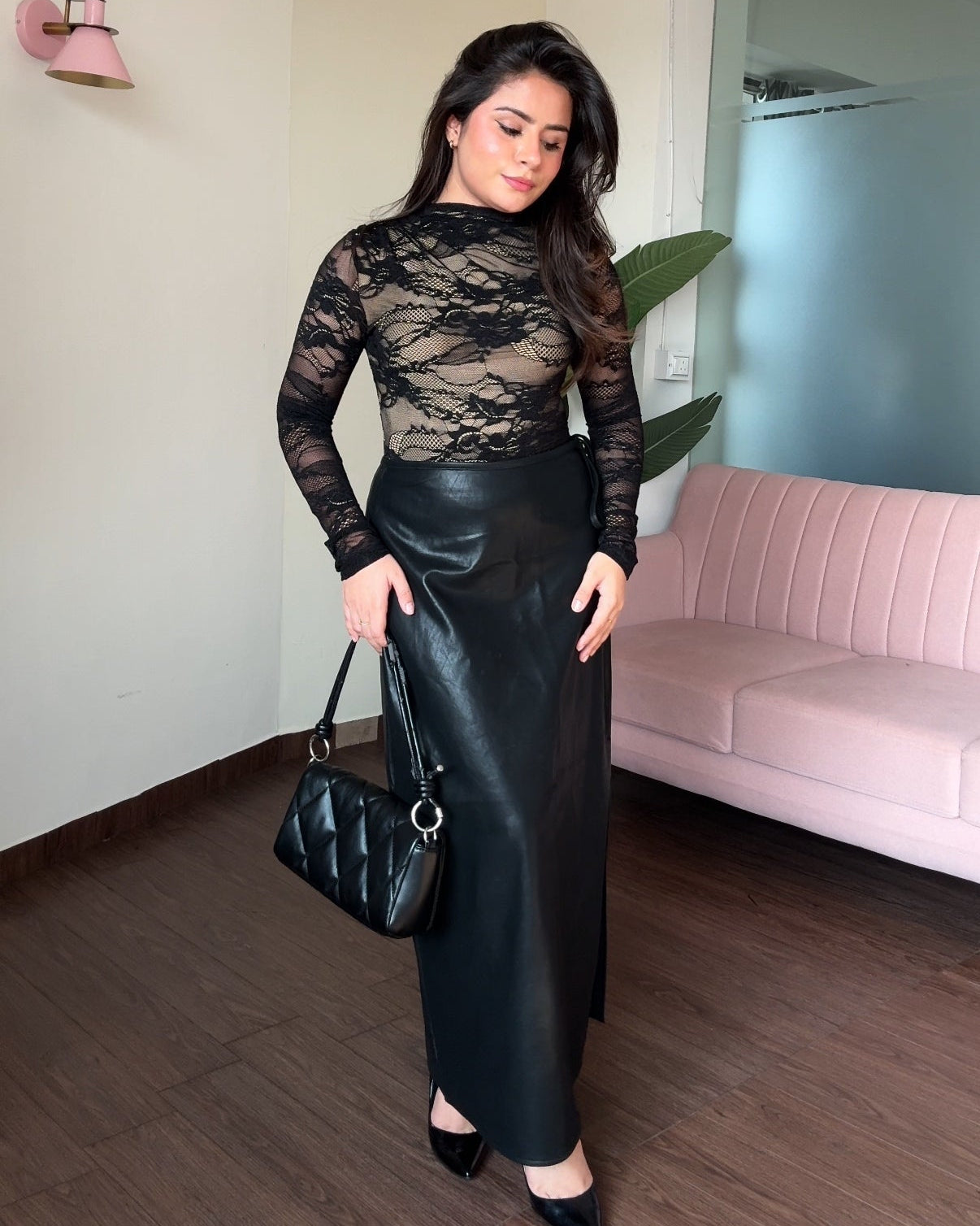 Waist Tie Up Leather Midi Skirt
