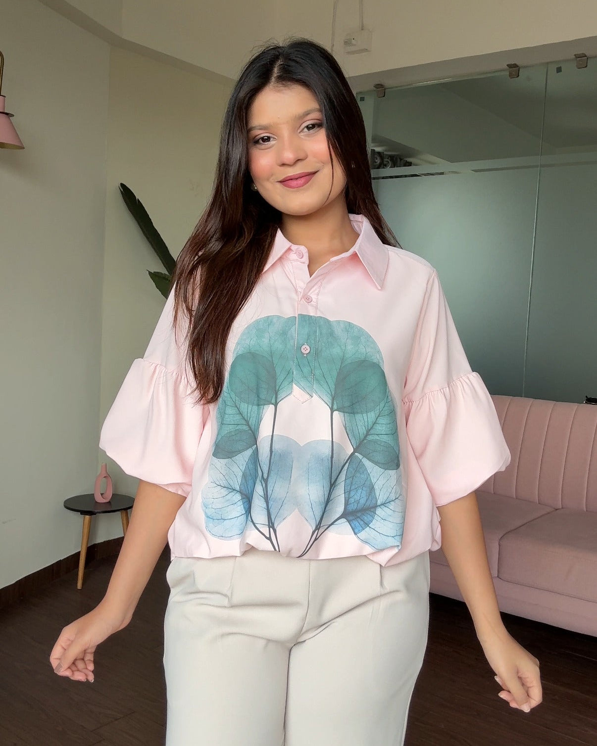 Watercolour Art Button Up Balloon Sleeve Collared Shirt