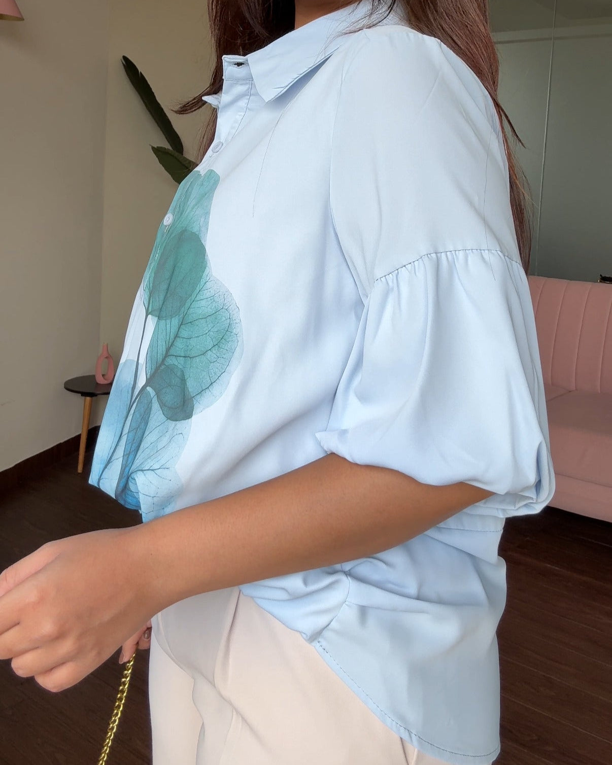 Watercolour Art Button Up Balloon Sleeve Collared Shirt