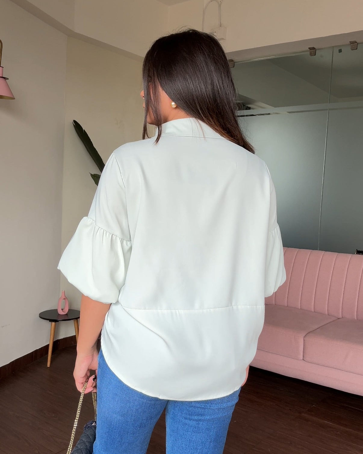 Watercolour Art Button Up Balloon Sleeve Collared Shirt
