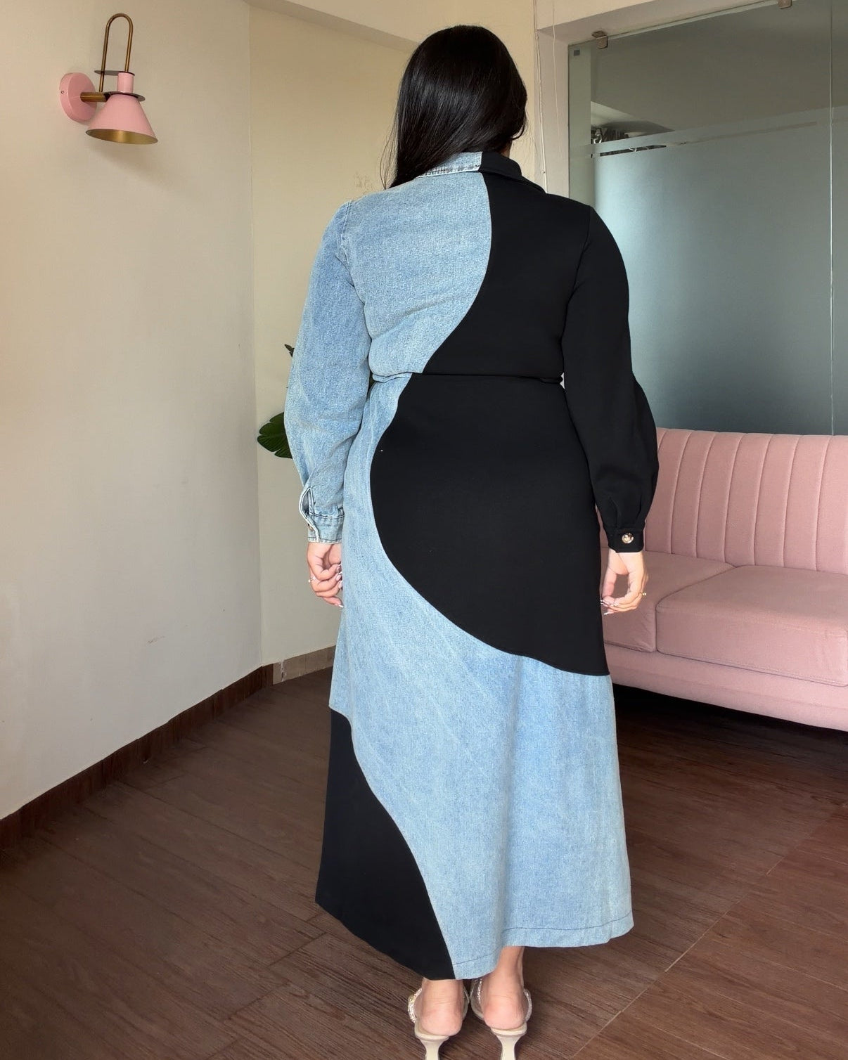Wavy Contrast Denim Detailing Waist Adjustable Midi Dress