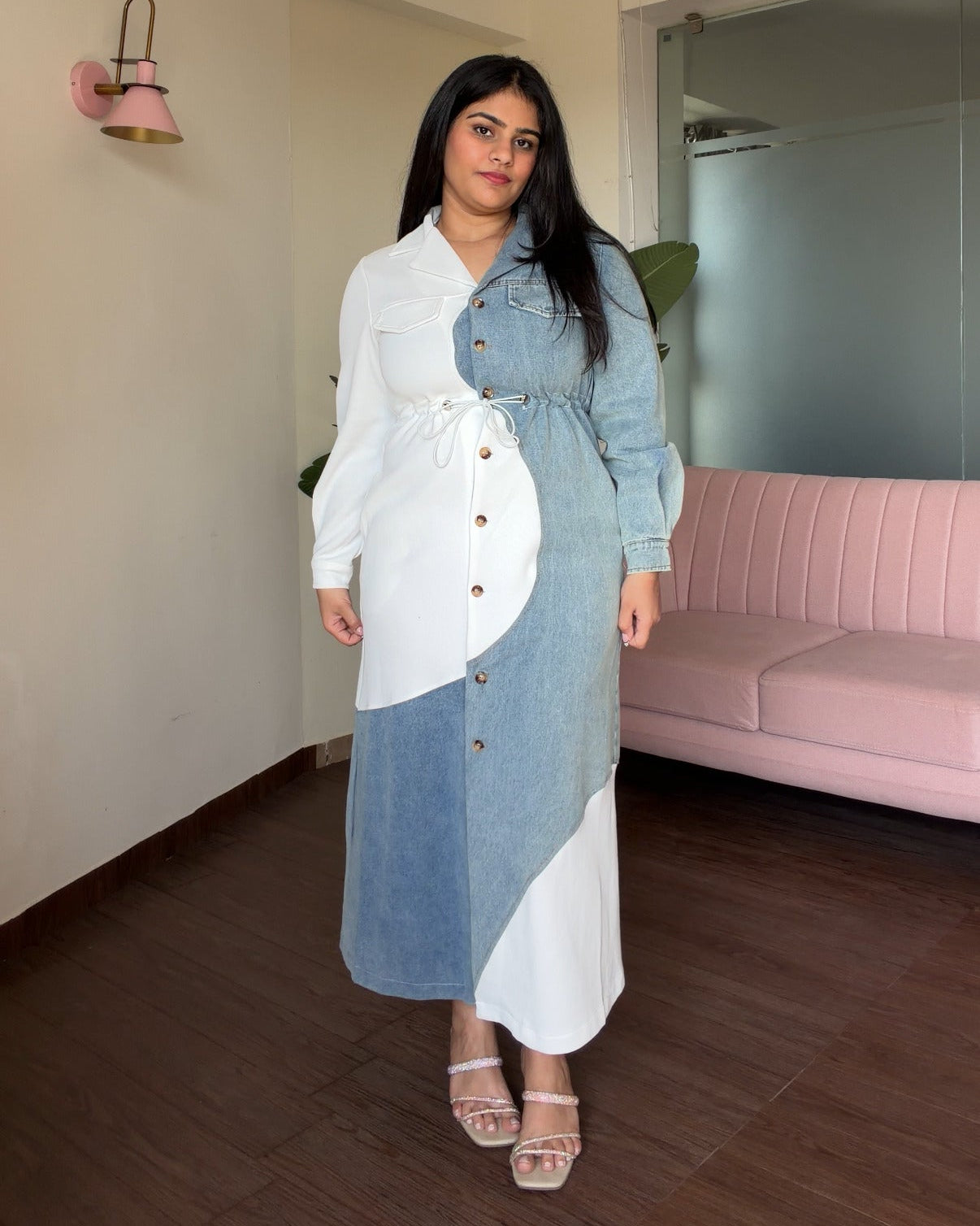 Wavy Contrast Denim Detailing Waist Adjustable Midi Dress
