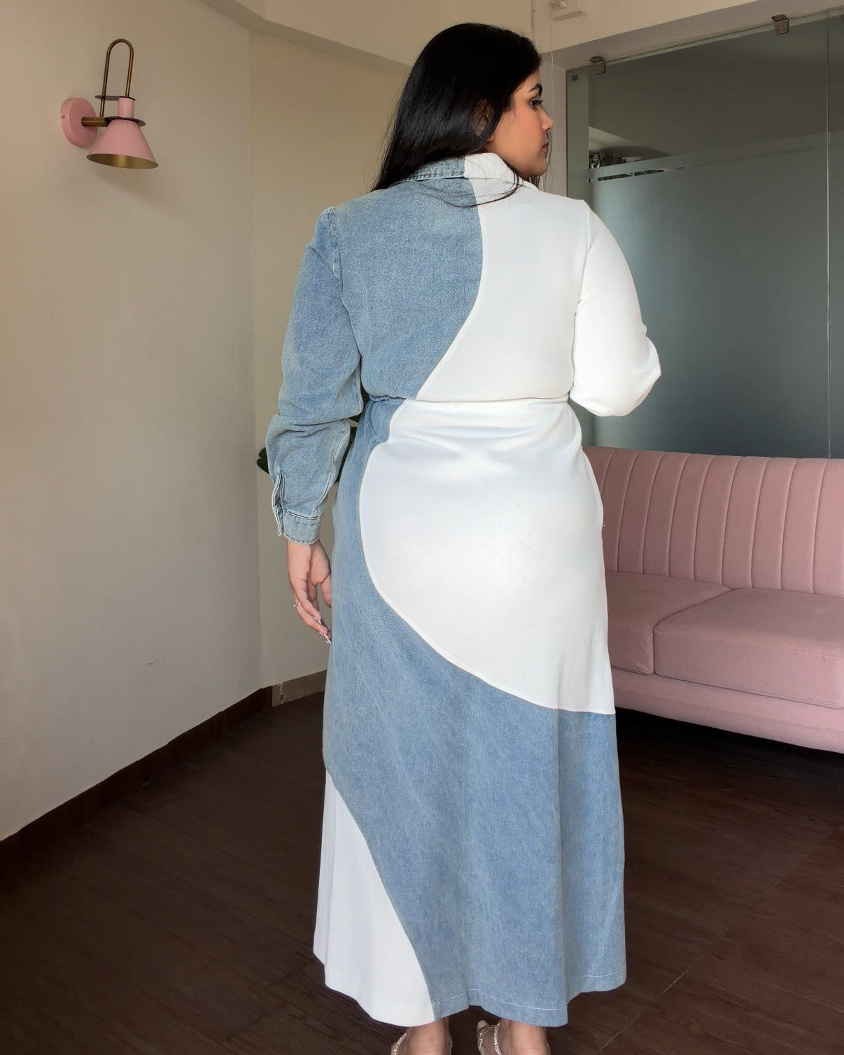 Wavy Contrast Denim Detailing Waist Adjustable Midi Dress