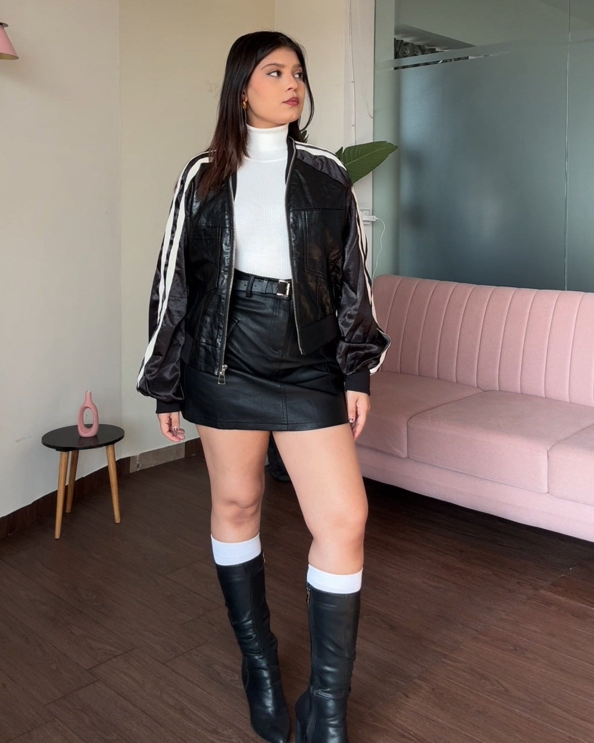 White Strip Detailing Zip Up Leather Jacket