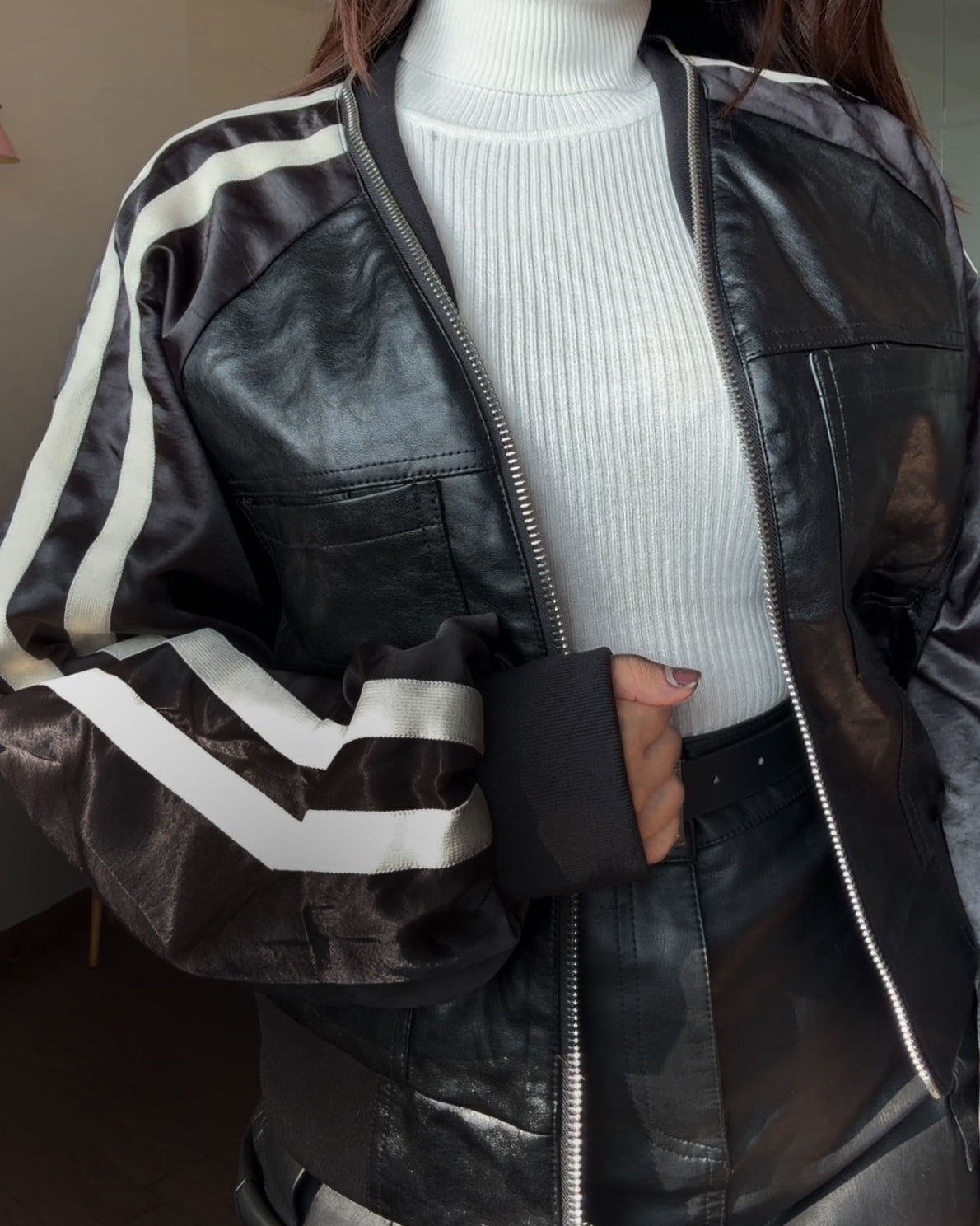 White Strip Detailing Zip Up Leather Jacket