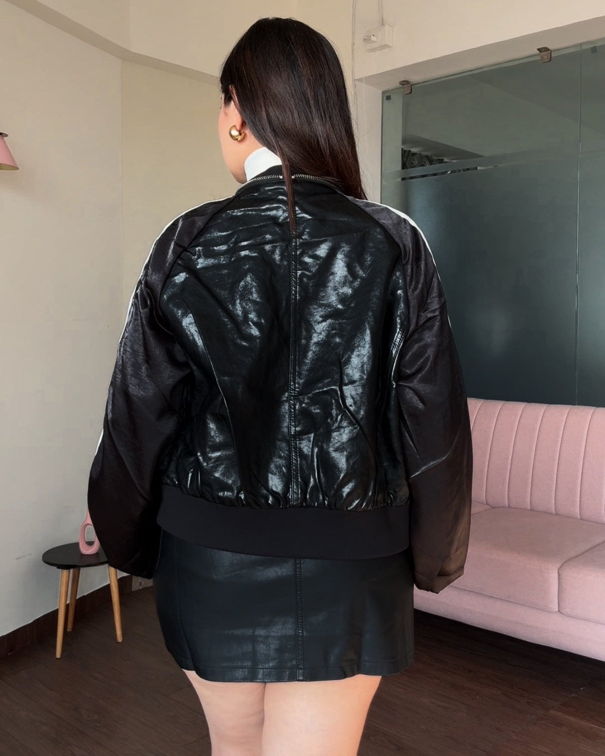 White Strip Detailing Zip Up Leather Jacket