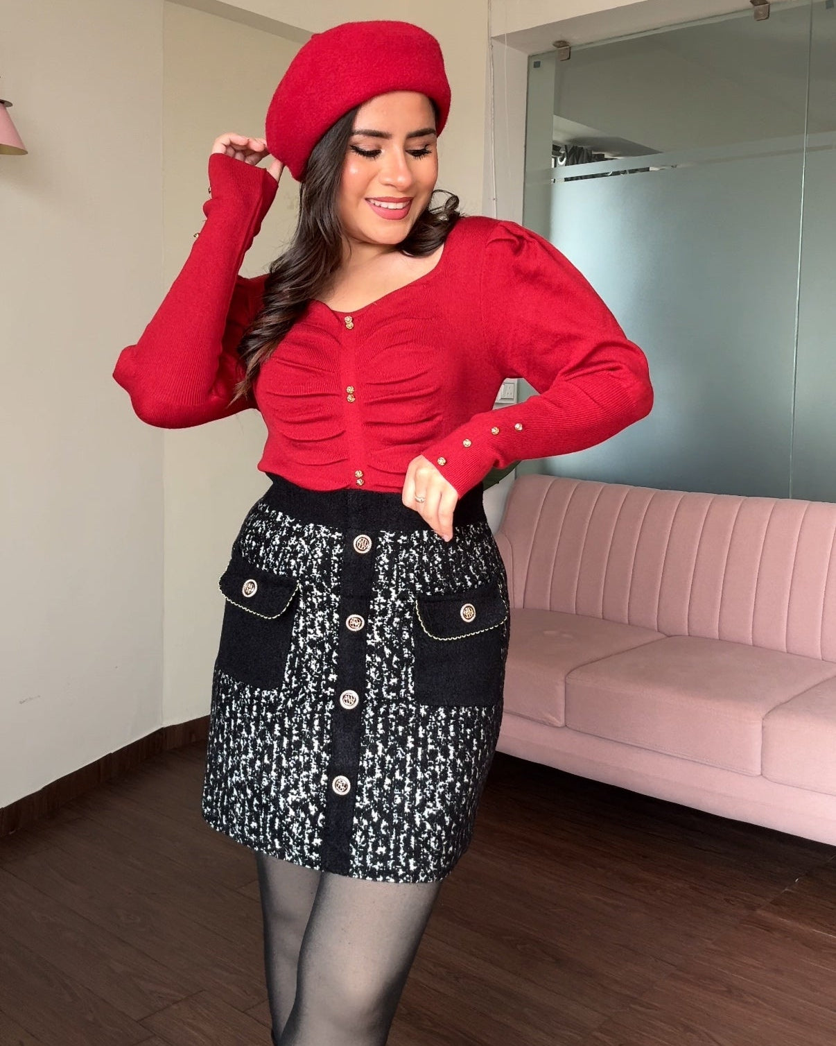 Woollen Golden Detailing Mini Skirt