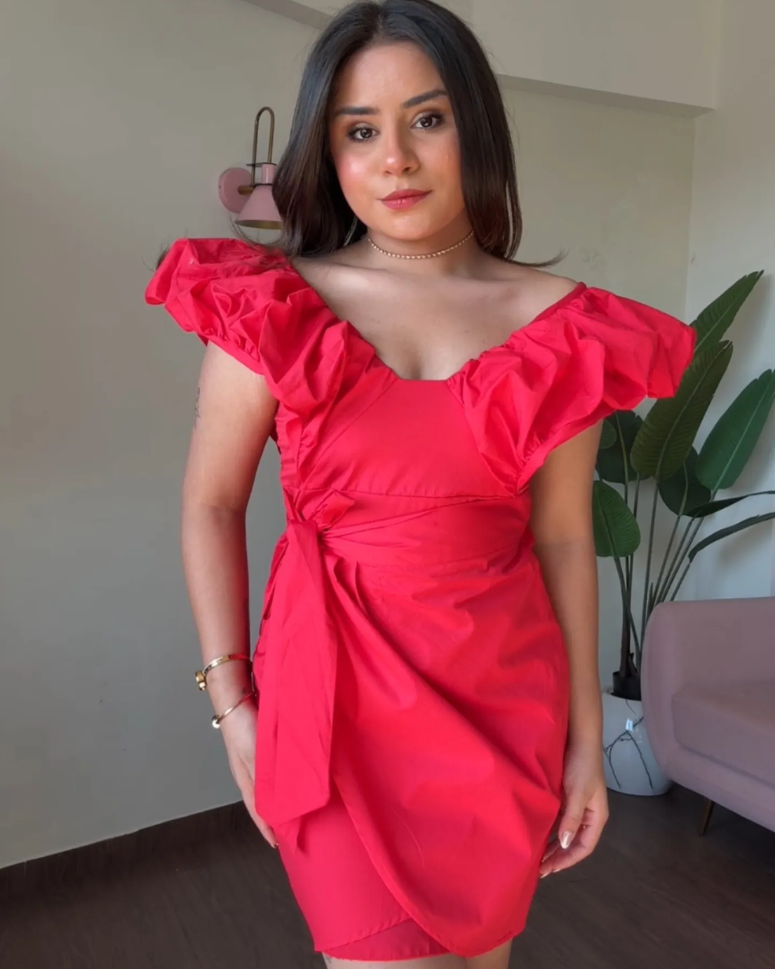 Wrap Around Solid Puff Dress