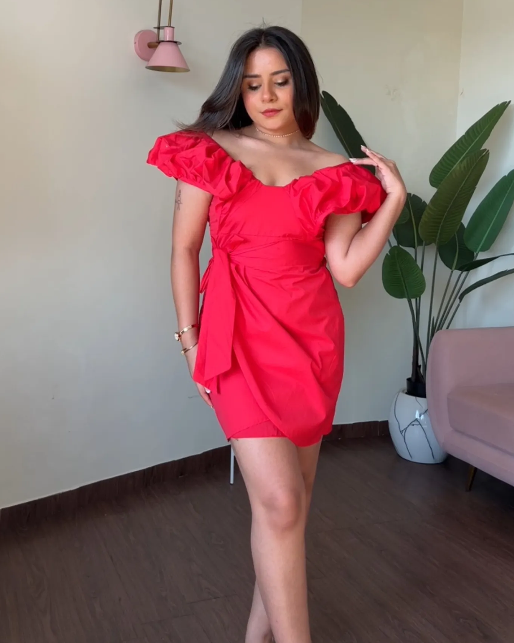 Wrap Around Solid Puff Dress