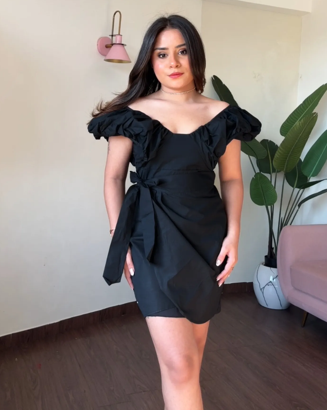 Wrap Around Solid Puff Dress