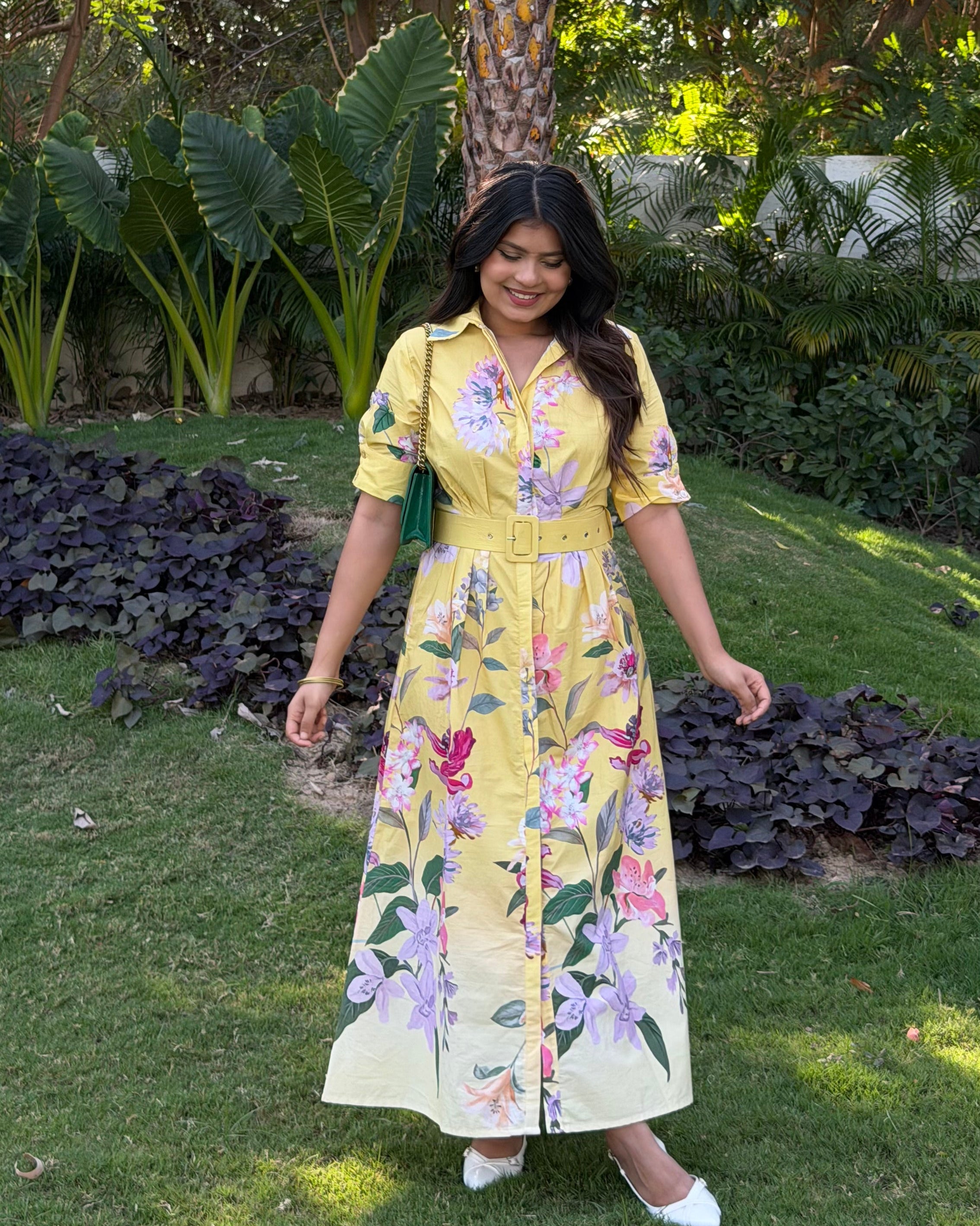Yellow Floral Detailing Shirt Dress