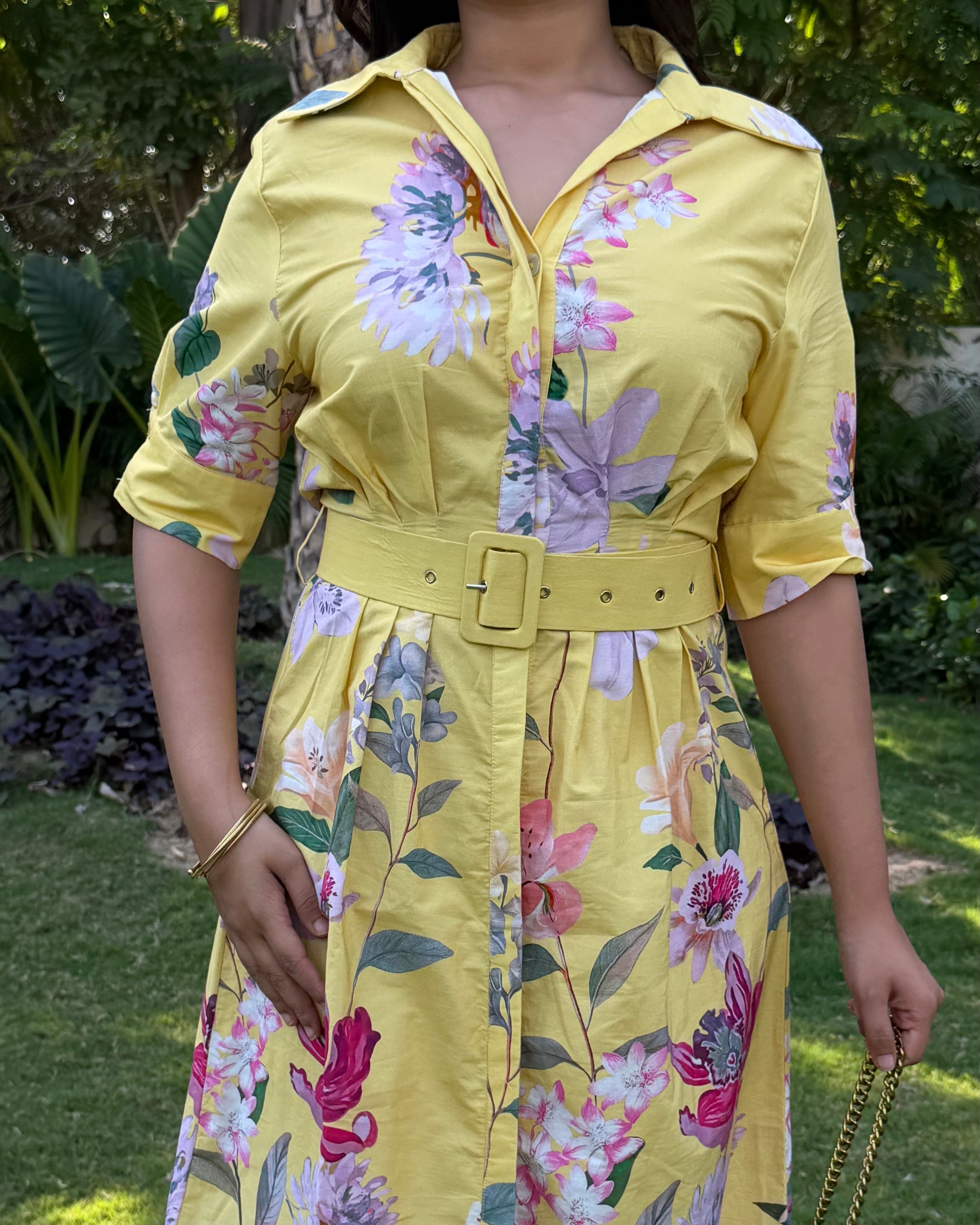 Yellow Floral Detailing Shirt Dress