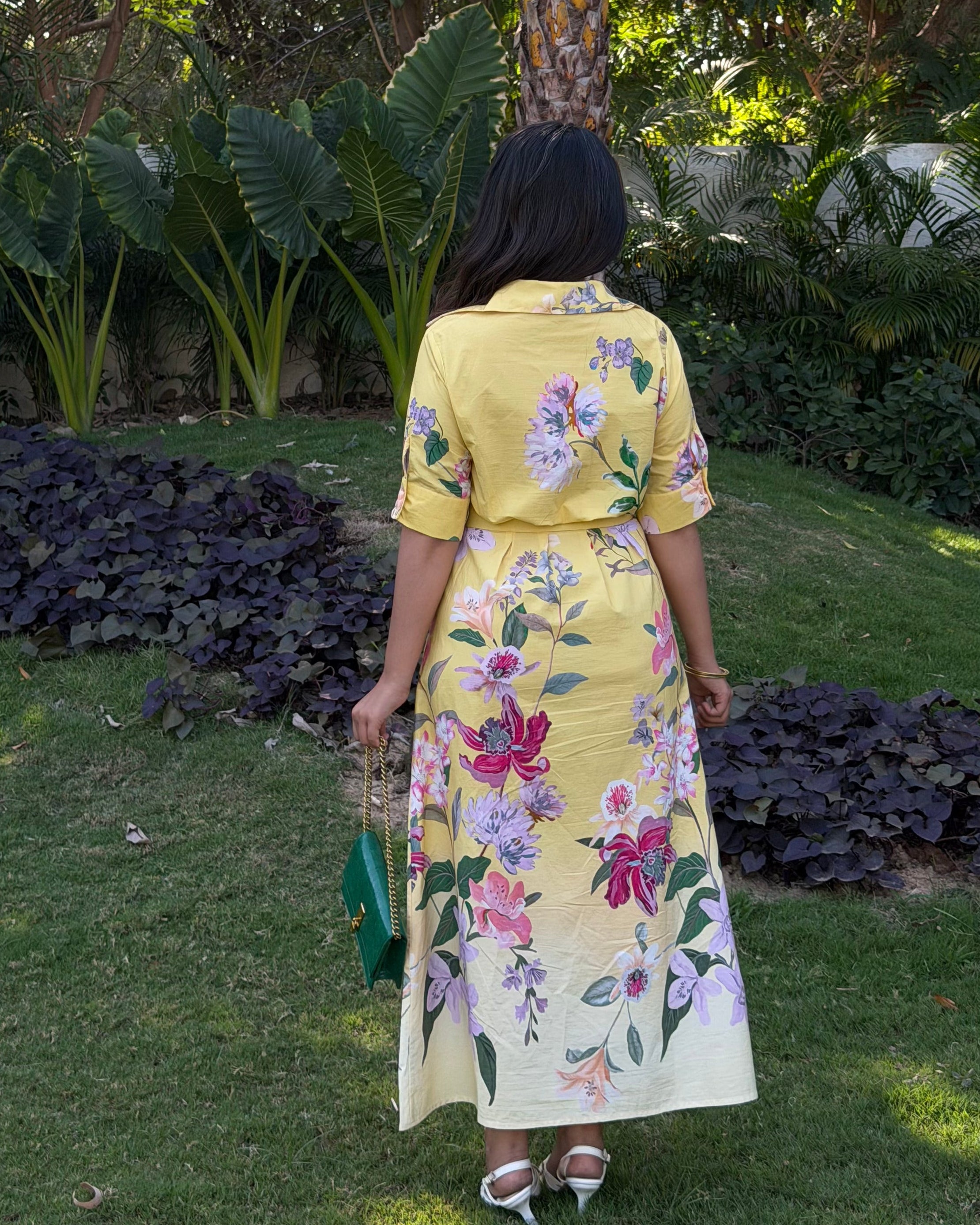 Yellow Floral Detailing Shirt Dress