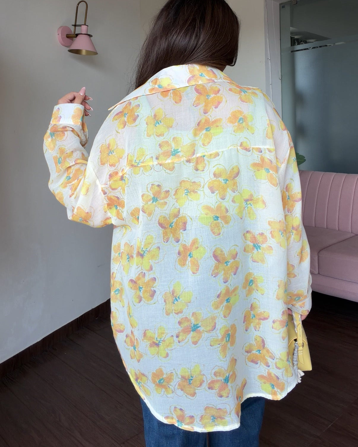 Yellow Floral Printed Sheer Summer Shirt With Cami Top