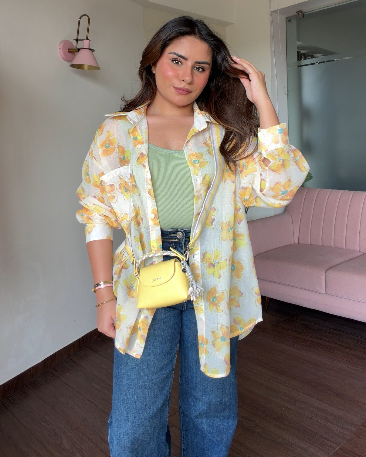 Yellow Floral Printed Sheer Summer Shirt With Cami Top