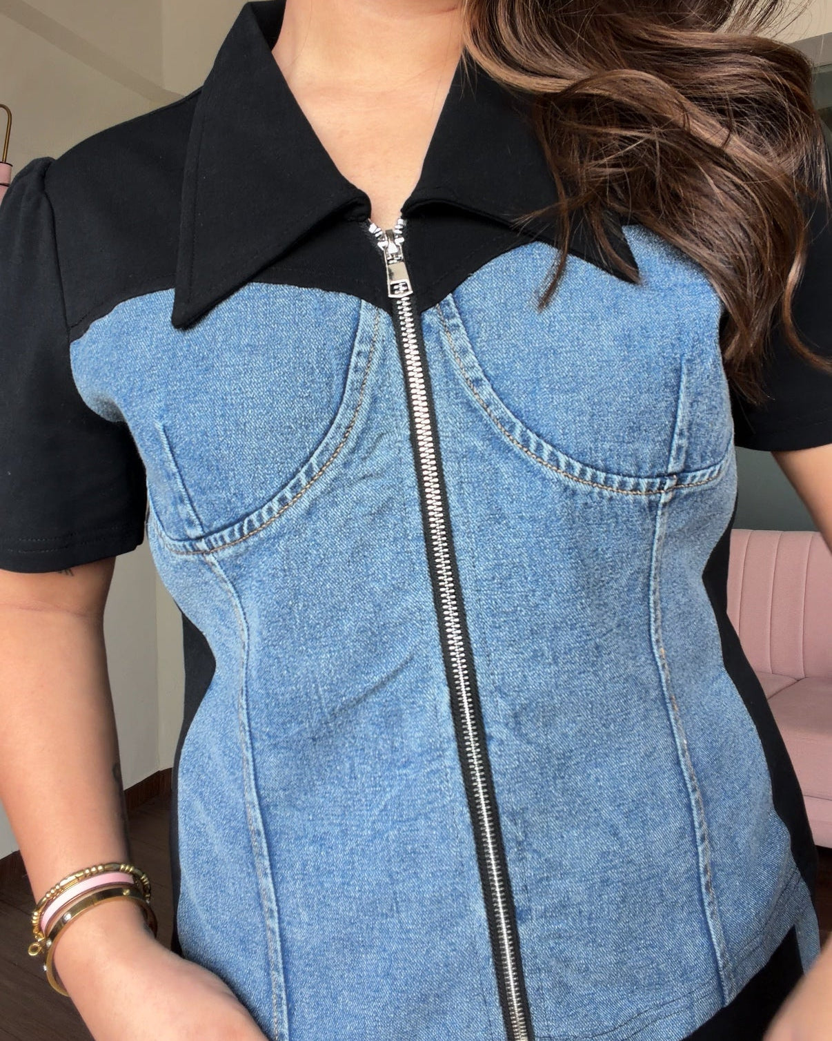 Zip Up Detailing Denim Summer Co-ord Set