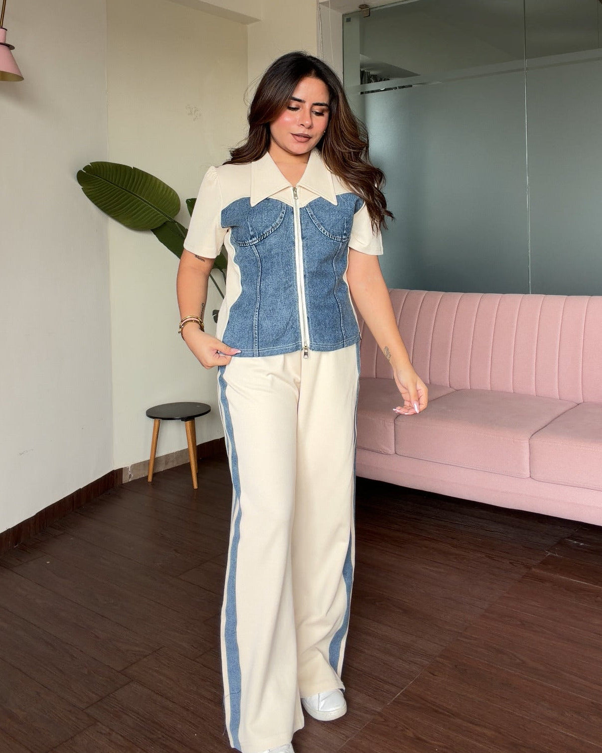 Zip Up Detailing Denim Summer Co-ord Set