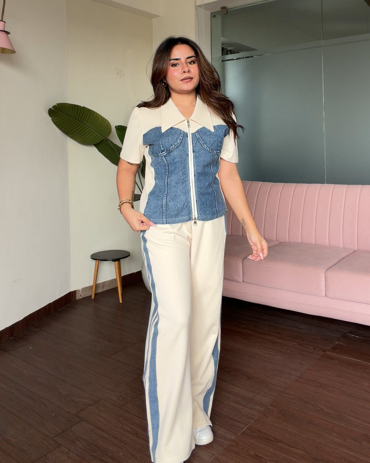 Zip Up Detailing Denim Summer Co-ord Set