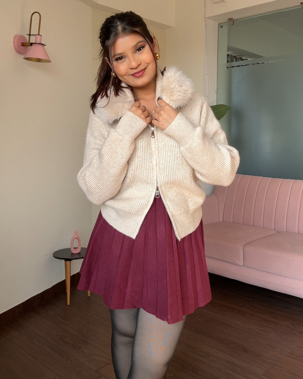 Zip Up Sweater With Fur Detailing