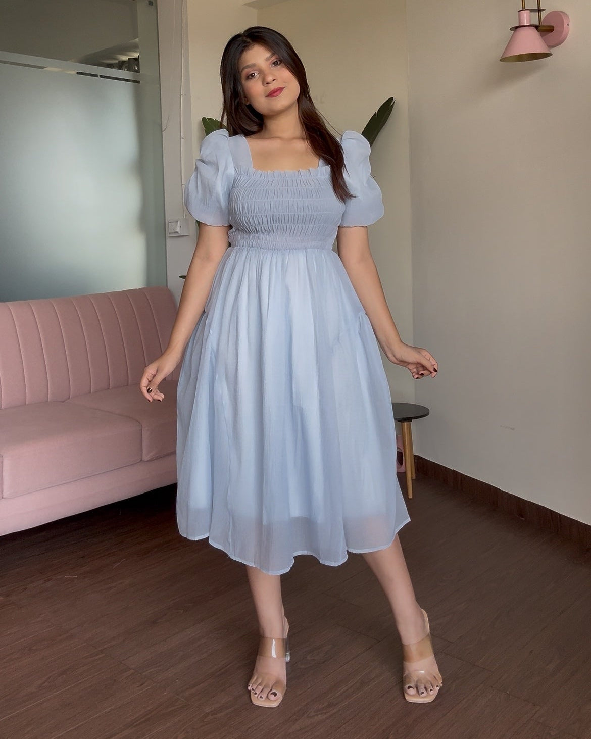 Smocked Puff Sleeve Tissue Organza Dress